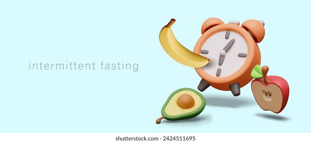 Concept of intermittent fasting. Cute 3D alarm clock, banana, half apple, avocado