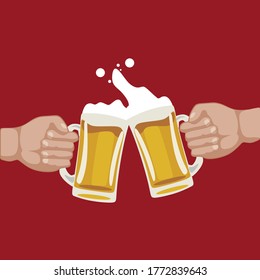 Concept of the international beer Day. 2 hands hold beer glasses and clink against each other. Design on a red 