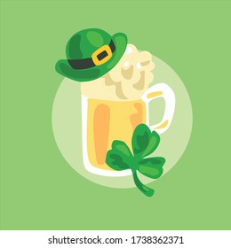Concept of the international beer Day.A glass of beer with a green hat and green clover .On a green background.Vector illustration
