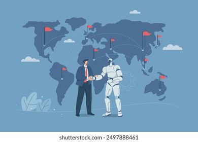 The concept of international business growth, Using AI to analyze global market expansion, Global business idea, Working with artificial intelligence, Global business growth. Vector illustration.