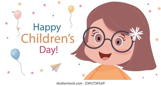 The concept of international children's day. Vector postcard or banner of a portrait of a happy girl.