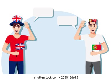 The concept of international communication, sports, education, business between the United Kingdom and Portugal. Men with British and Portuguese flags. Vector illustration.