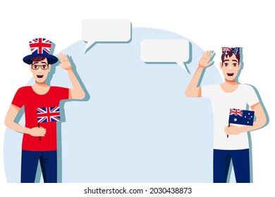 The concept of international communication, sports, education, business between the United Kingdom and Australia. Men with British and Australian flags. Vector illustration. svg