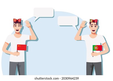 The concept of international communication, sports, education, business between China and Portugal. Men with Chinese and Portuguese flags. Vector illustration.