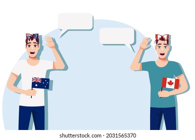 The concept of international communication, sports, education, business between Australia and Canada. Men with Australian and Canadian flags. Vector illustration.