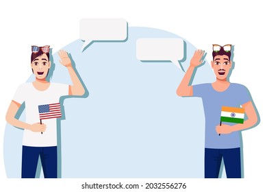 The concept of international communication, sports, education, business between the USA and India. Men with American and Indian flags. Vector illustration.