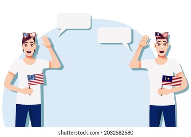 The concept of international communication, sports, education, business between the USA and Malaysia. Men with American and Malaysian flags. Vector illustration.