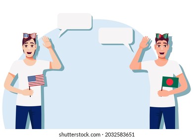 The concept of international communication, sports, education, business between the USA and Bangladesh. Men with American and Bangladeshi flags. Vector illustration.