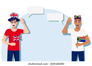 The concept of international communication, sports, education, business between the United Kingdom and South Africa. Men with British and South African flags. Vector illustration.