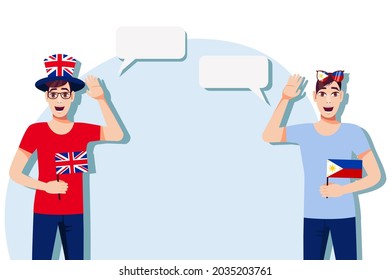 The concept of international communication, sports, education, business between the United Kingdom and the Philippines. Men with British and Philippine flags. Vector illustration.