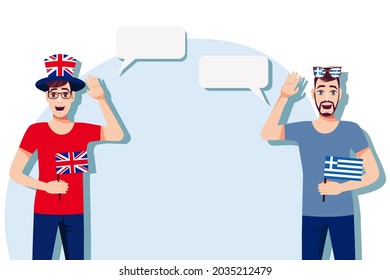 Das Konzept der internationalen Kommunikation, des Sports, der Bildung, der Wirtschaft zwischen dem Vereinigten Königreich und Griechenland. Männer mit britischer und griechischer Flagge. Vektorgrafik.