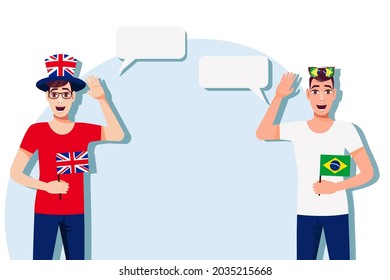The concept of international communication, sports, education, business between the United Kingdom and Brazil. Men with British and Brazilian flags. Vector illustration.
