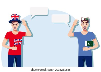 The concept of international communication, sports, education, business between the United Kingdom and Pakistan. Men with British and Pakistani flags. Vector illustration.