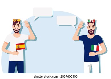 The concept of international communication, sports, education, business between Spain and Italy. Men with Spanish and Italian  flags. Vector illustration.