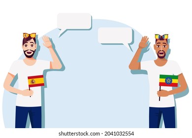 The concept of international communication, sports, education, business between Spain and Ethiopia. Men with Spanish and Ethiopian flags. Vector illustration.