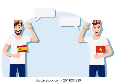 The concept of international communication, sports, education, business between Spain and Vietnam. Men with Spanish and Vietnamese flags. Vector illustration.