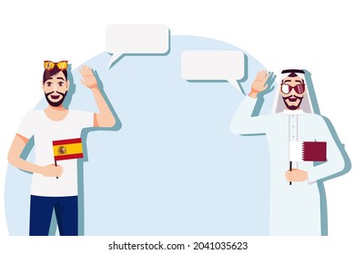 The concept of international communication, sports, education, business between Spain and Qatar. Men with Spanish and Qatari flags. Vector illustration.
