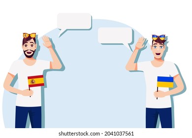 The concept of international communication, sports, education, business between Spain and Ukraine. Men with Spanish and Ukrainian flags. Vector illustration.