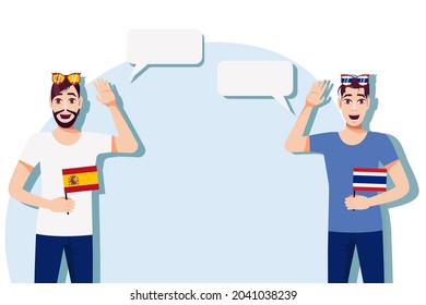 The concept of international communication, sports, education, business between Spain and Thailand. Men with Spanish and Thai flags. Vector illustration.