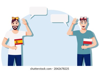 The concept of international communication, sports, education, business between Spain and Poland. Men with Spanish and Polish flags. Vector illustration.