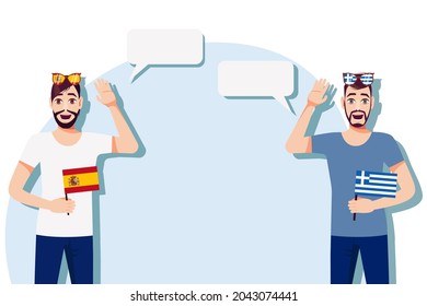 The concept of international communication, sports, education, business between Spain and Greece. Men with Spanish and Greek flags. Vector illustration.