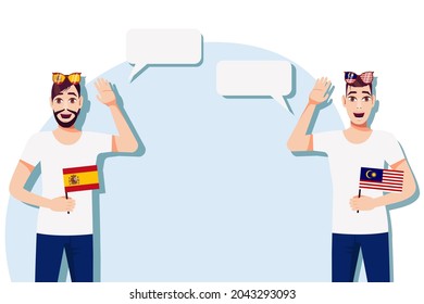 The concept of international communication, sports, education, business between Spain and Malaysia. Men with Spanish and Malaysian flags. Vector illustration.