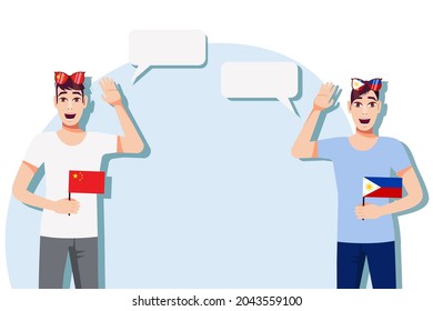 The concept of international communication, sports, education, business between China and the Philippines. Men with Chinese and Philippine flags. Vector illustration.