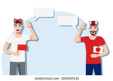 The concept of international communication, sports, education, business between China and Japan. Men with Chinese and Japanese flags. Vector illustration.