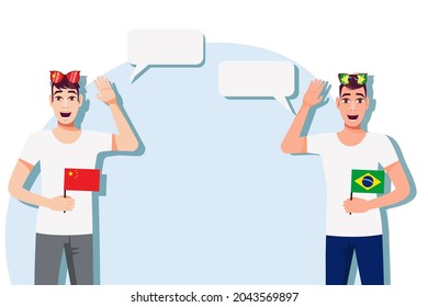 The concept of international communication, sports, education, business between China and Brazil. Men with Chinese and Brazilian flags. Vector illustration.