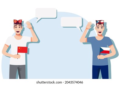 The concept of international communication, sports, education, business between China and Czech. Men with Chinese and Czech flags. Vector illustration.