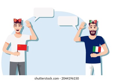The concept of international communication, sports, education, business between China and Italy. Men with Chinese and Italian  flags. Vector illustration.