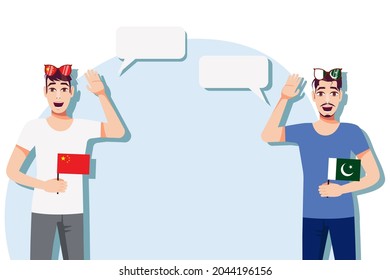 The concept of international communication, sports, education, business between China and Pakistan. Men with Chinese and Pakistani flags. Vector illustration.