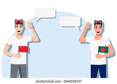 The concept of international communication, sports, education, business between China and Bangladesh. Men with Chinese and Bangladeshi flags. Vector illustration.