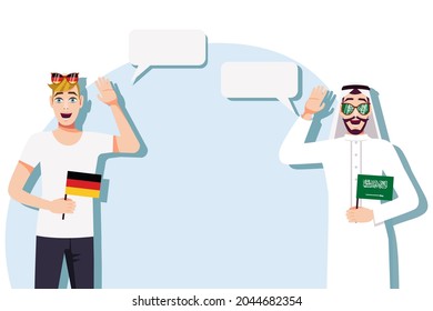 The concept of international communication, sports, education, business between Germany and Saudi Arabia. Men with German and Saudi flags. Vector illustration.