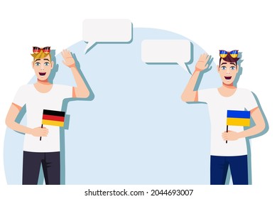 The concept of international communication, sports, education, business between Germany and Ukraine. Men with German and Ukrainian flags. Vector illustration.