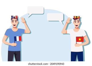 The concept of international communication, sports, education, business between France and Vietnam. Men with French and Vietnamese flags. Vector illustration.