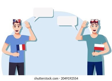 The concept of international communication, sports, education, business between France and Poland. Men with French and Polish flags. Vector illustration.