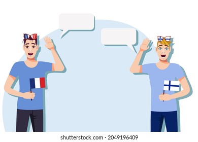The concept of international communication, sports, education, business between France and Finland. Men with French and Finnish flags. Vector illustration.