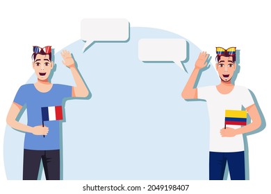 The concept of international communication, sports, education, business between France and Colombia. Men with French and Colombian flags. Vector illustration.
