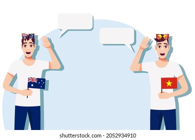 The concept of international communication, sports, education, business between Australia and Vietnam. Men with Australian and Vietnamese flags. Vector illustration.