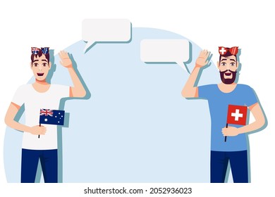 The concept of international communication, sports, education, business between Australia and Switzerland. Men with Australian and Swiss flags. Vector illustration.