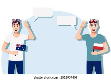 The concept of international communication, sports, education, business between Australia and Poland. Men with Australian and Polish flags. Vector illustration.