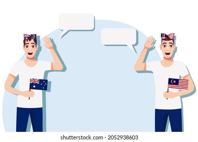 The concept of international communication, sports, education, business between Australia and Malaysia. Men with Australian and Malaysian flags. Vector illustration.