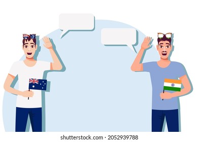The concept of international communication, sports, education, business between Australia and India. Men with Australian and Indian flags. Vector illustration.