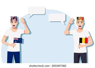 The concept of international communication, sports, education, business between Australia and Belgium. Men with Australian and Belgian flags. Vector illustration.