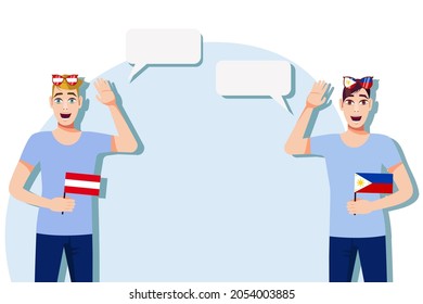 The concept of international communication, sports, education, business between Austria and the Philippines. Men with Austrian and Philippine flags. Vector illustration.