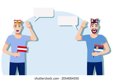 The concept of international communication, sports, education, business between Austria and Serbia. Men with Austrian and Serbian flags. Vector illustration.