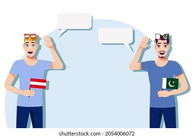 The concept of international communication, sports, education, business between Austria and Pakistan. Men with Austrian and Pakistani flags. Vector illustration.