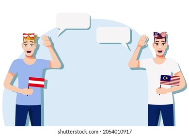 The concept of international communication, sports, education, business between Austria and Malaysia. Men with Austrian and Malaysian flags. Vector illustration.