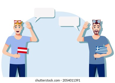 The concept of international communication, sports, education, business between Austria and Greece. Men with Austrian and Greek flags. Vector illustration.